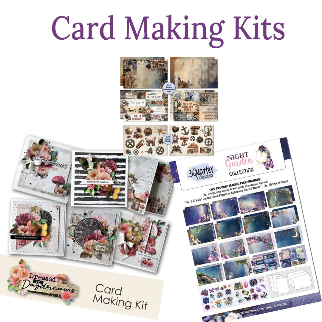 Image shows a range of Card Making Kits available from brands like Uniquely Creative and 3Quarter Designs. 