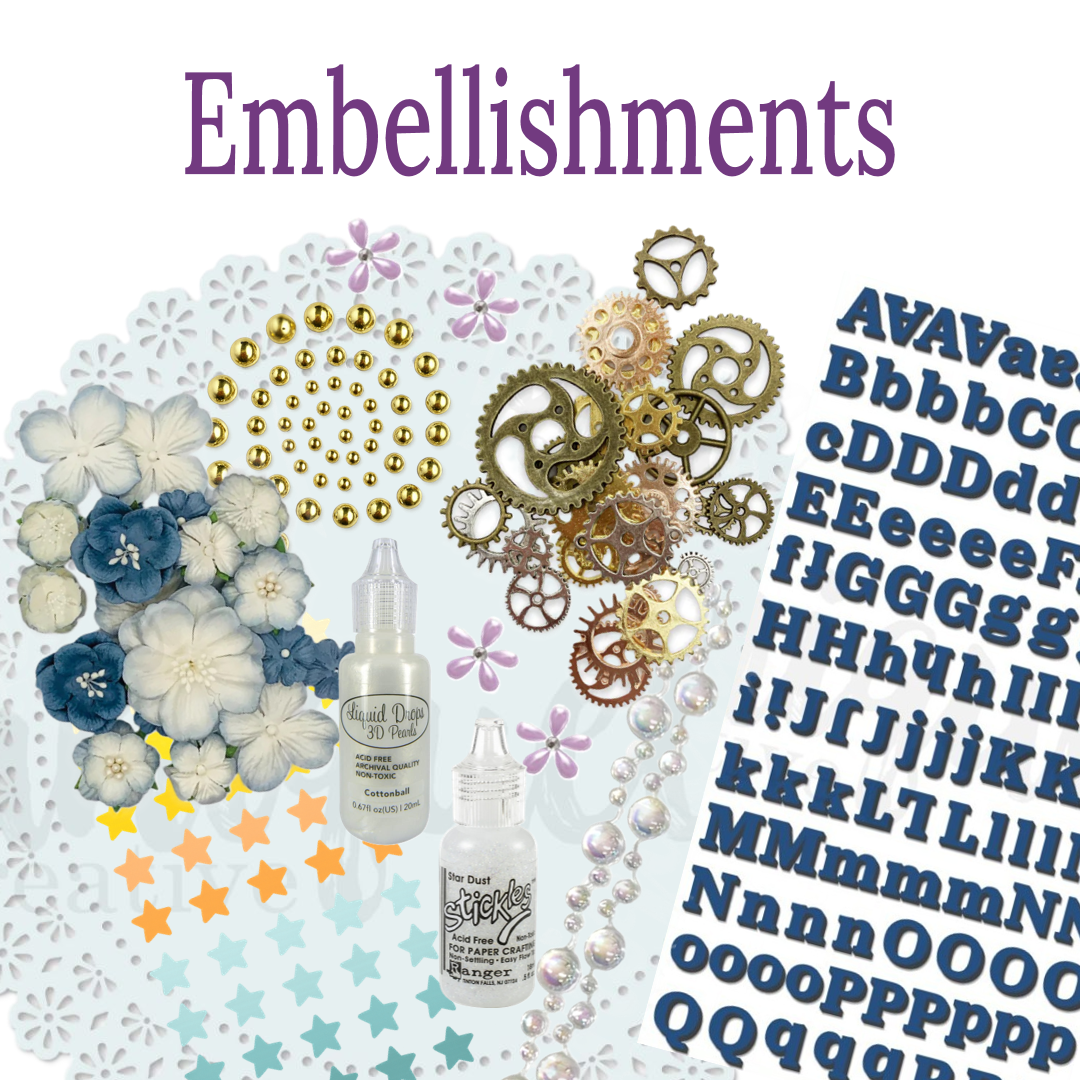 Image shows a range of embellishmenst that are available including flowers, stickers, alphabet stickers, glitter glue, pearl drops, and metal cogs. 