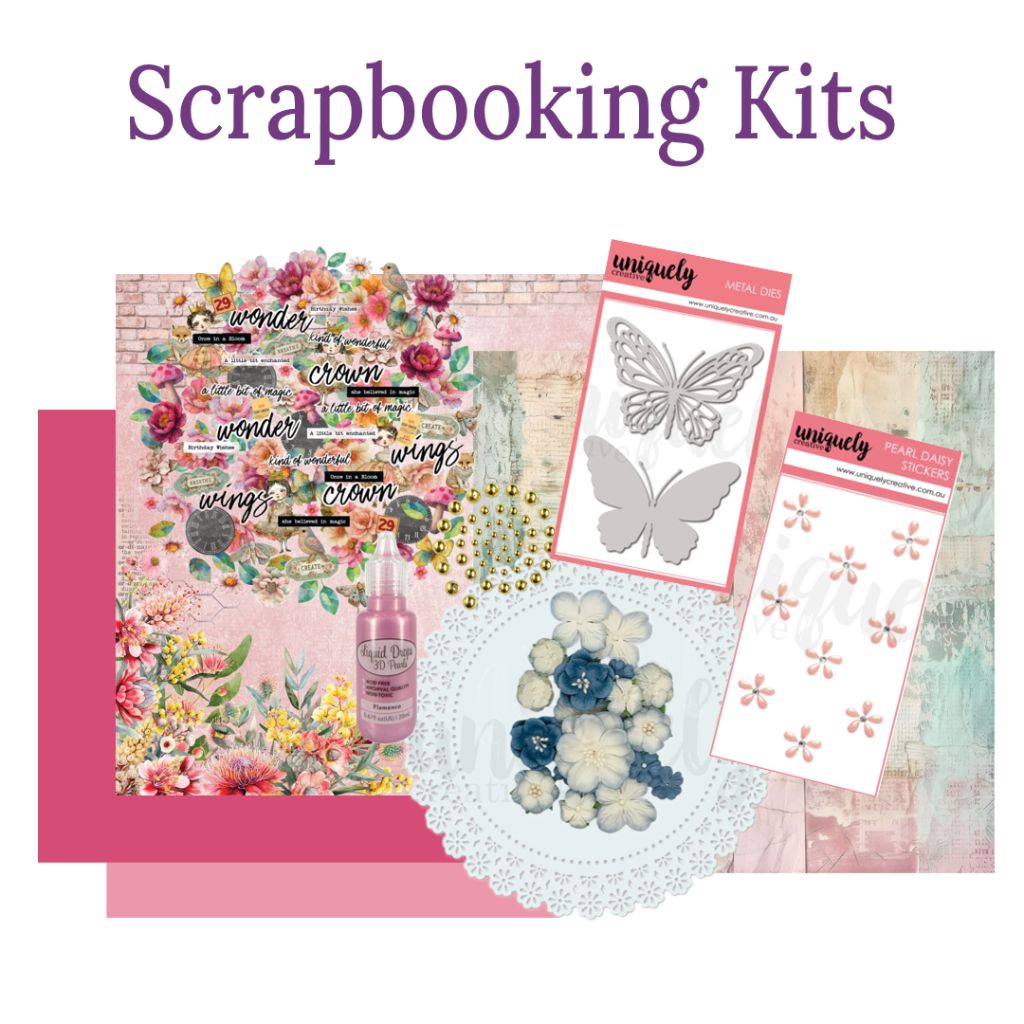 Image shows Scrapbooking Kits title with examples of what can be included such as cardstock, papers, embellishments, flower, dies and stickers. 