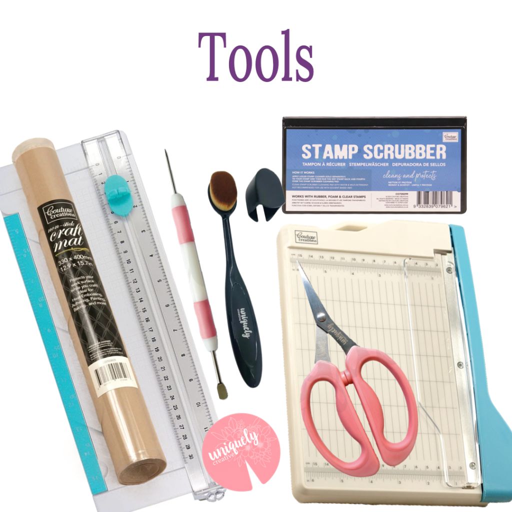 Image has the title Tools at the top and shows a variety of paper craft tools including trimmers, scissors, paper peircer, non-stick craft sheet and stamp cleaner. 