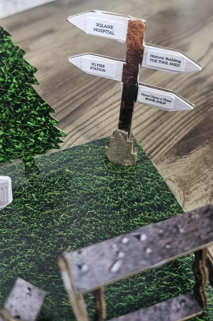 Miniature park scene with directional signpost pointing to hospital, fire station, book shop, and historic tool shed.