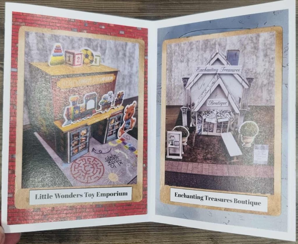 Miniature diorama of Little Wonders Toy Emporium and Enchanting Treasures Boutique with playful and elegant details.