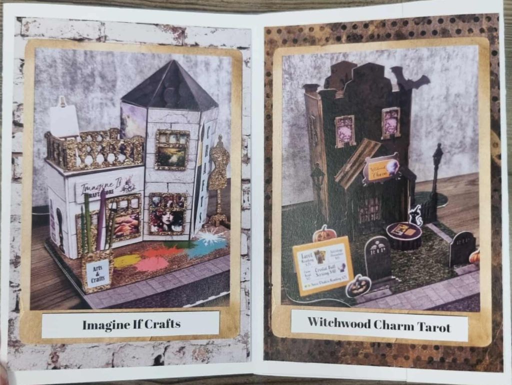 Miniature storefronts for Imagine If Craft Store and Witchwood Charm Tarot, featuring artistic and Halloween-themed elements.