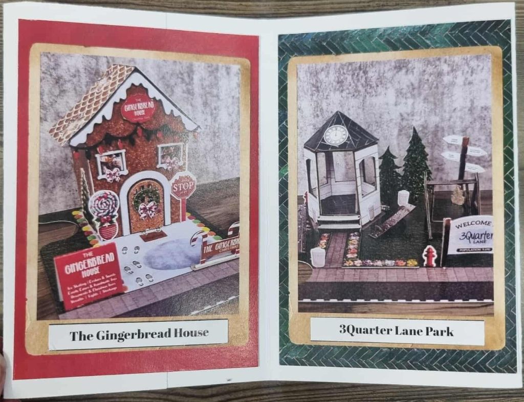 Festive diorama of The Gingerbread House and 3Quarter Lane Park with candy decor, gazebo, and welcome signage.