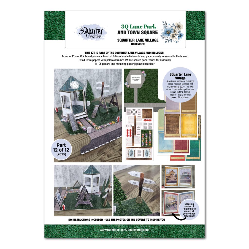 Promotional sheet for 3Quarter Lane Park and Town Square kit showing included materials and miniature village examples.