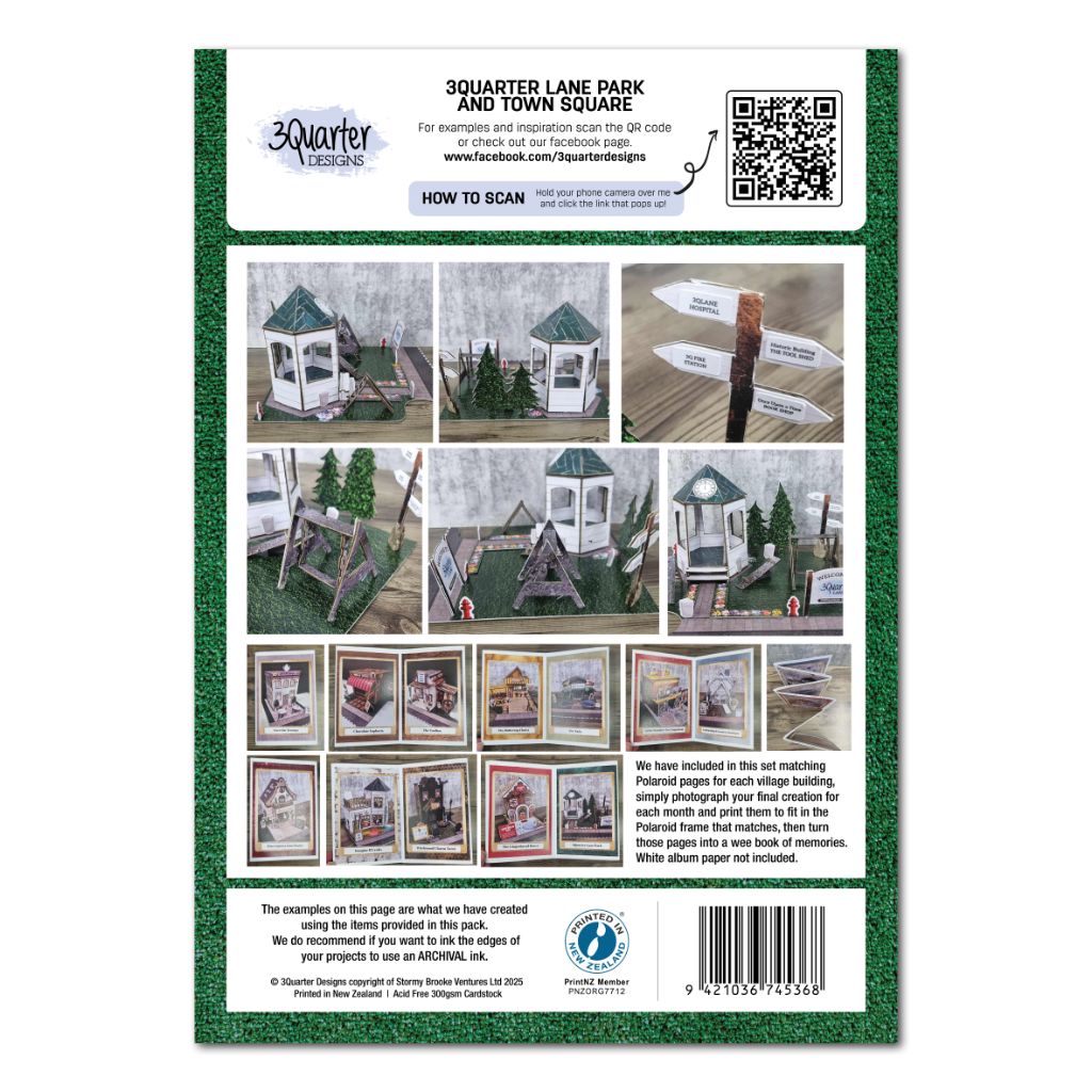 Back of product packaging for 3Quarter Lane Park and Town Square kit with miniature model photos and Polaroid memory instructions.