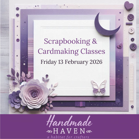 Advertisement for scrapbooking and card making classes at Handmade Haven with purple floral and butterfly design. Friday 13 February 2026, Morwell Victoria.