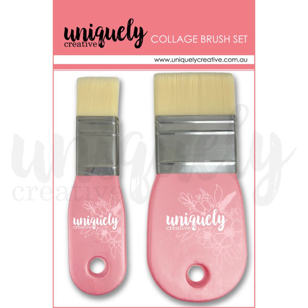 A "Collage Brush Set" from Uniquely Creative, containing two flat brushes with pink floral handles and light bristles, intended for mixed media art.
